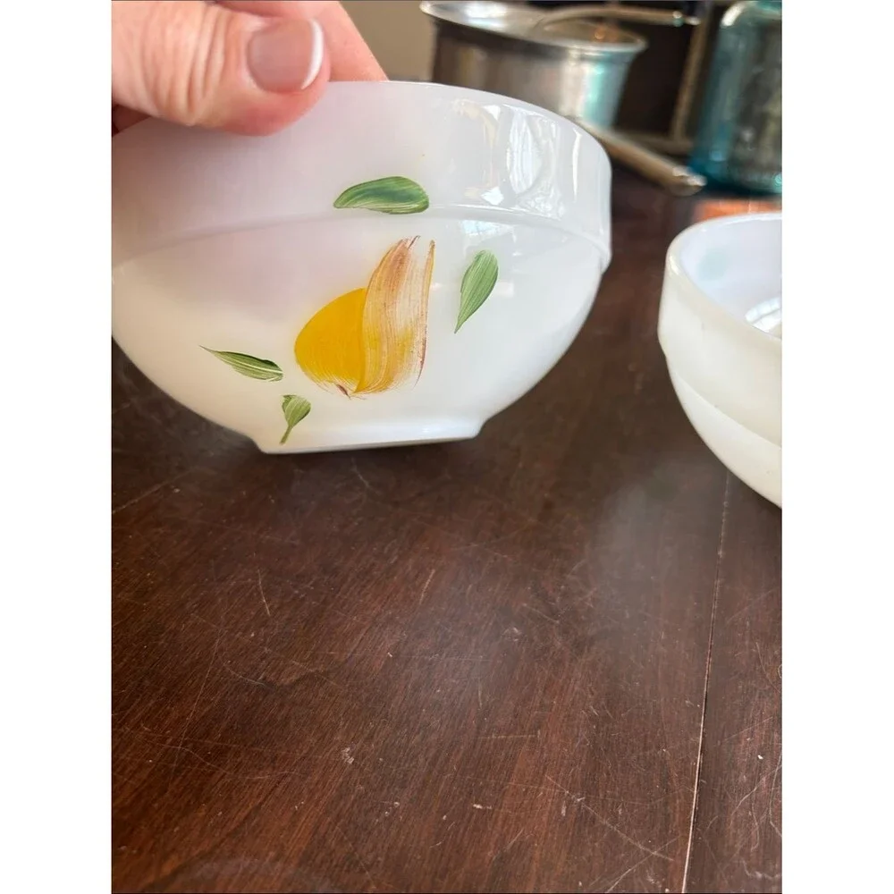 2 Vintage Fire-King milk glass bowls hand-painted fruit design